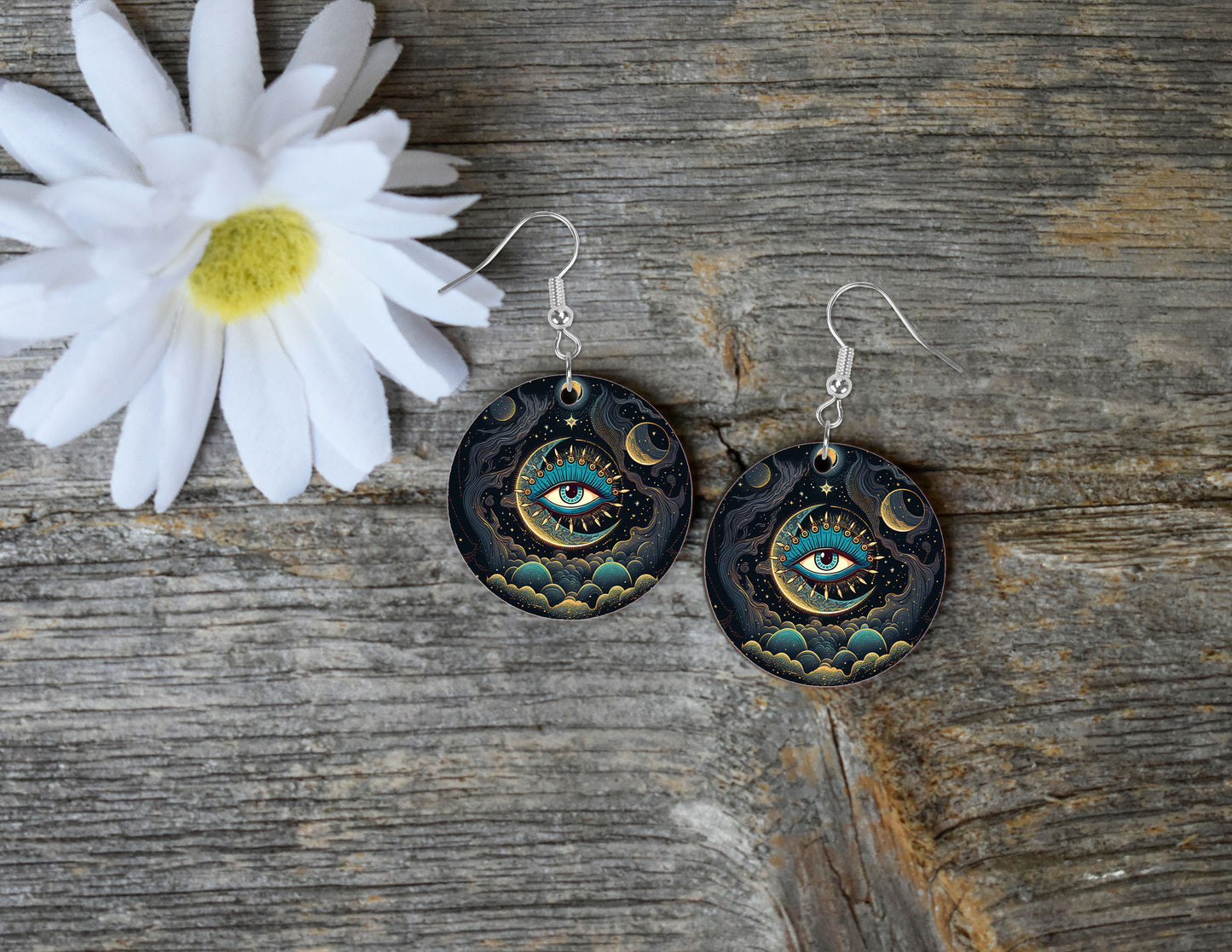 Evil Eye Round Wood Dangle Earrings Hypoallergenic Jewelry