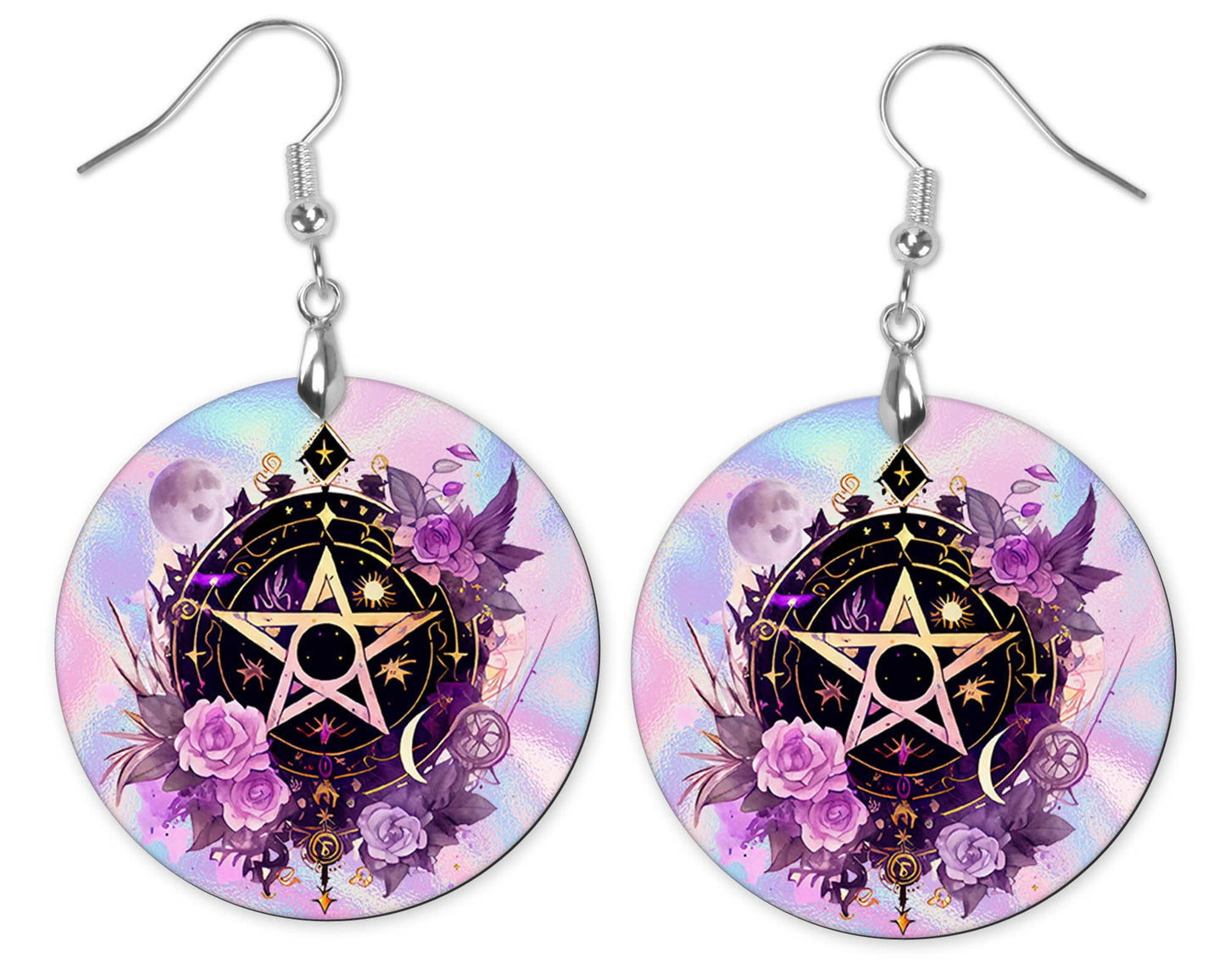 Mystical Pentagram Round Wood Dangle Earrings Hypoallergenic Jewelry