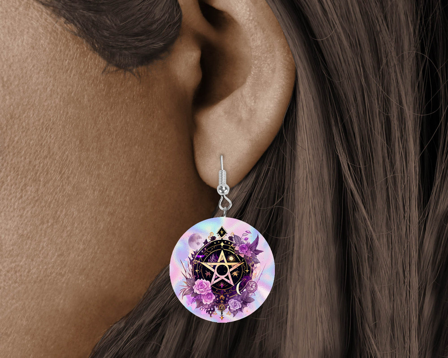 Mystical Pentagram Round Wood Dangle Earrings Hypoallergenic Jewelry