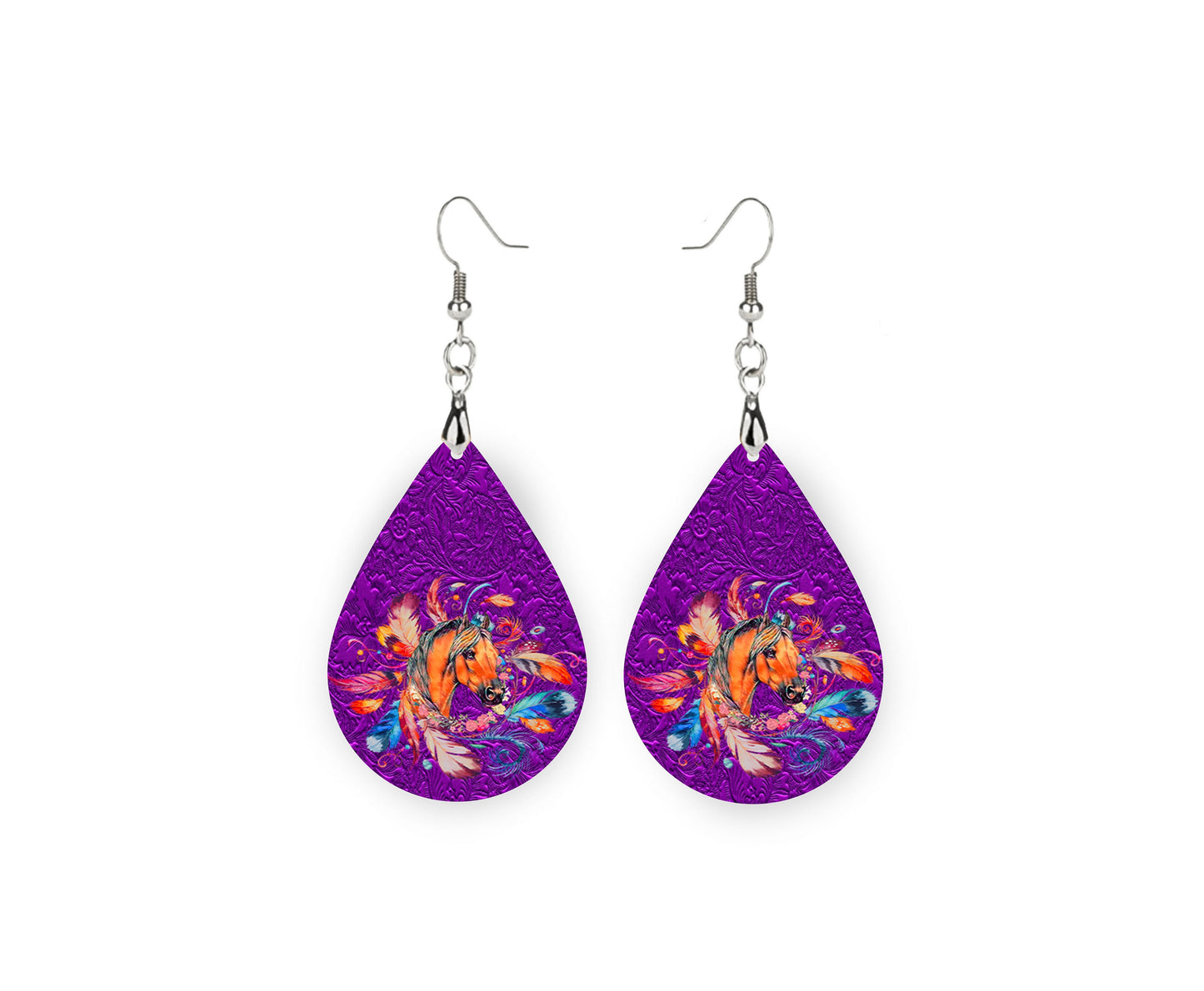 Pendientes con estampado de caballo morado, joyería hecha a mano