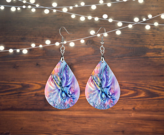 Rainbow Butterfly Print Tear Drop Dangle Printed Earrings Jewelry Handmade