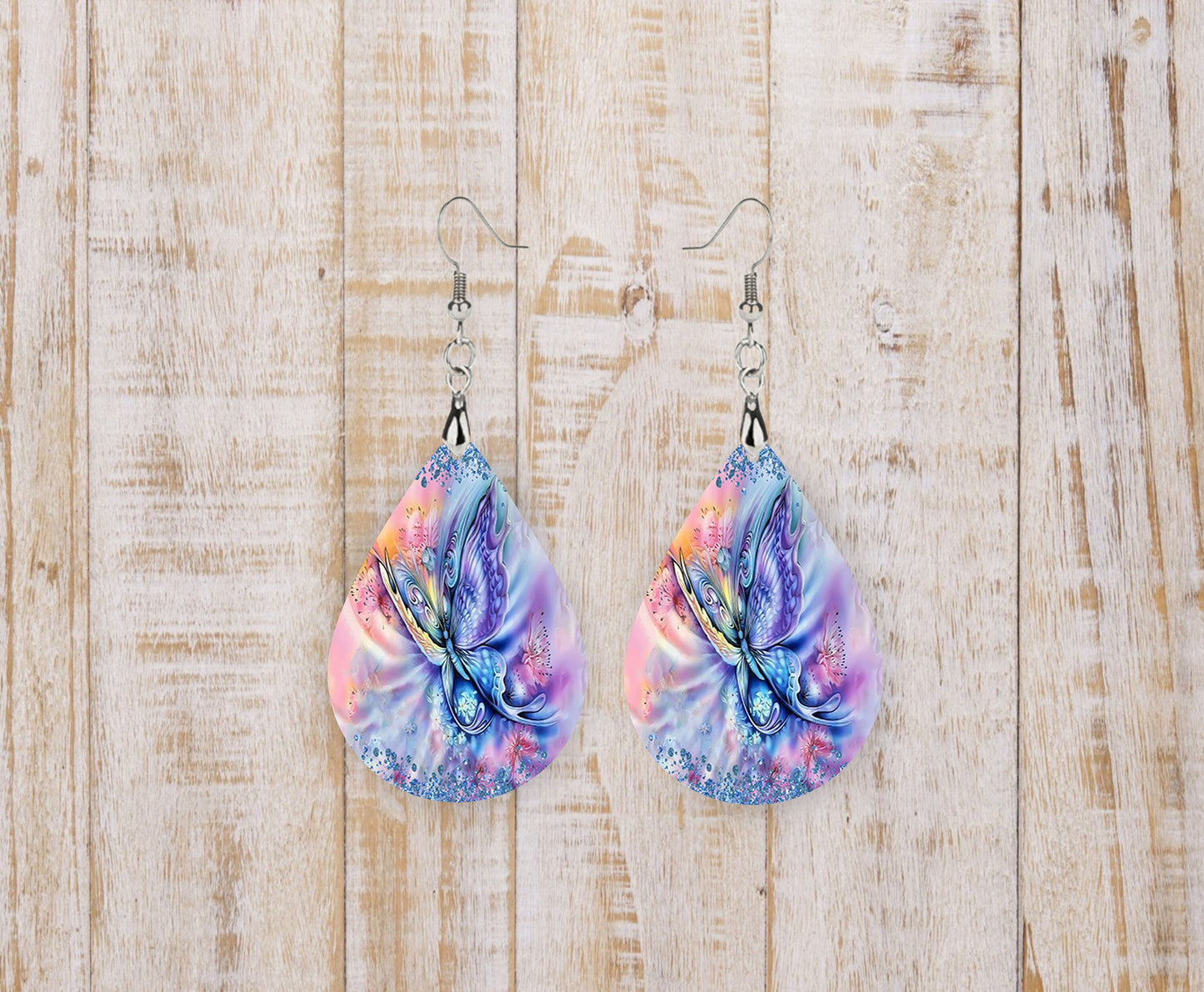 Rainbow Butterfly Print Tear Drop Dangle Printed Earrings Jewelry Handmade