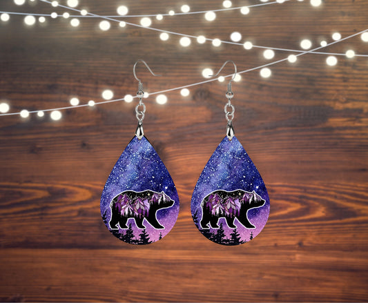 Starry Night Bear Wood Print Tear Drop Dangle Printed Earrings Jewelry Handmade