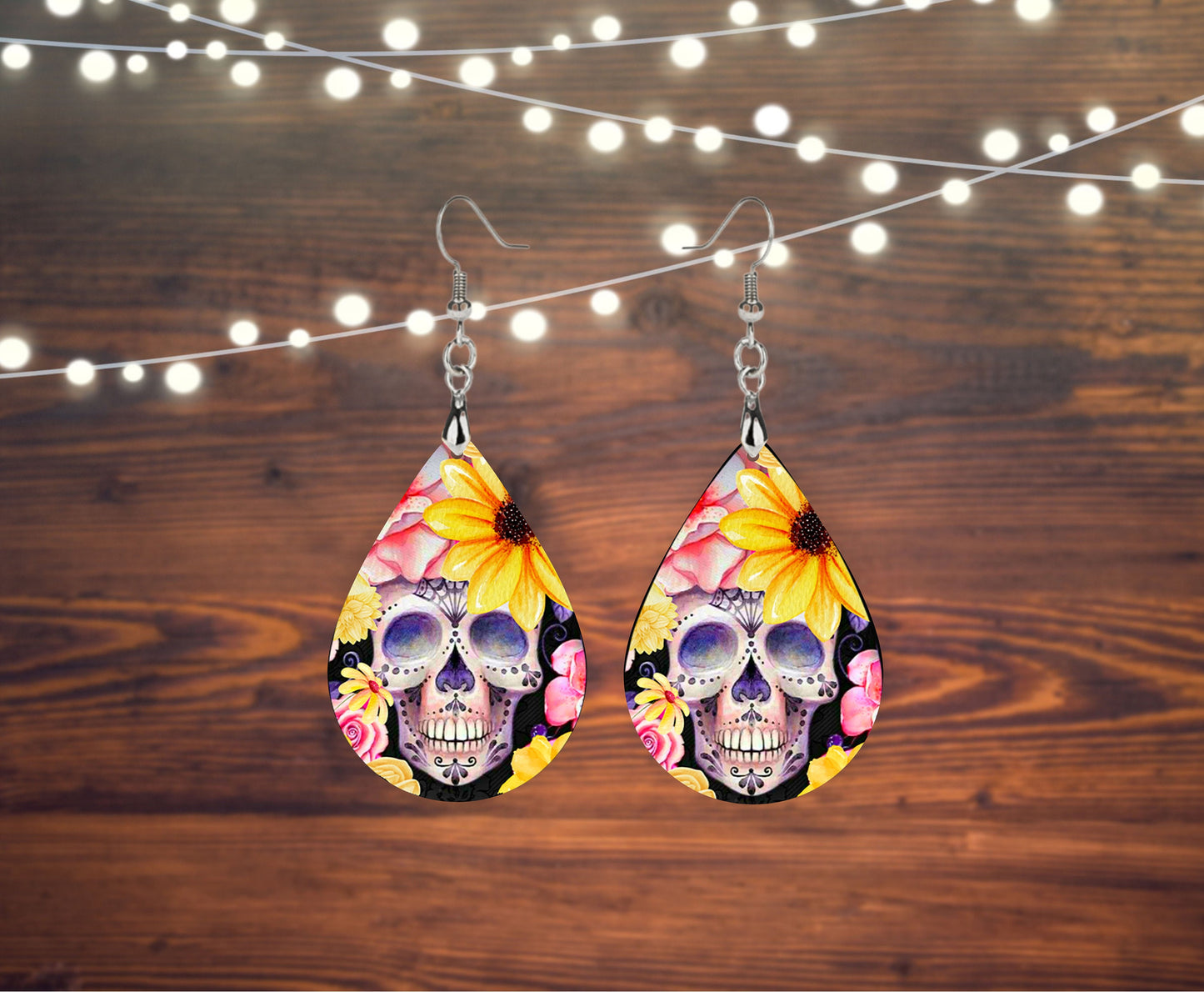 Sugar Skull Print Tear Drop Wood Dangle Earrings Hypoallergenic Jewelry