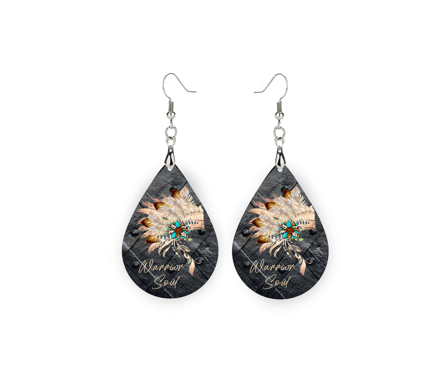 Warrior Soul Print Tear Drop Wood Dangle Earrings Hypoallergenic Jewelry