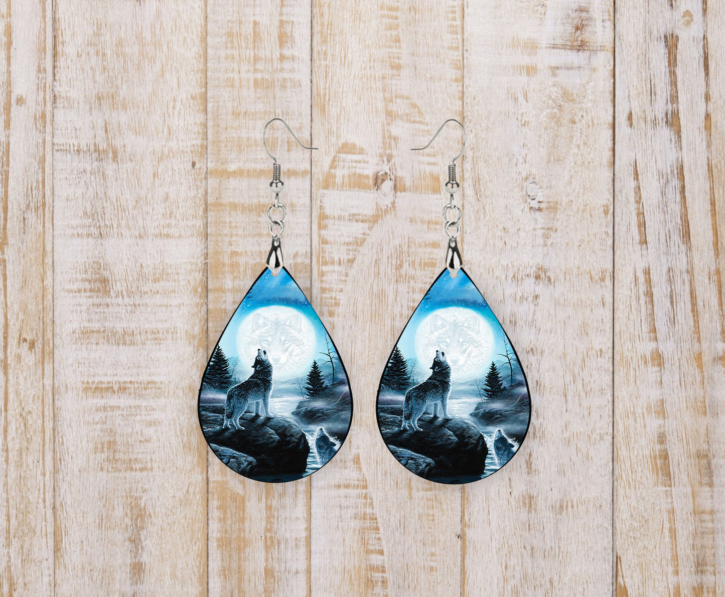 Wolf Moon Print Tear Drop Wood Dangle Earrings Hypoallergenic Jewelry