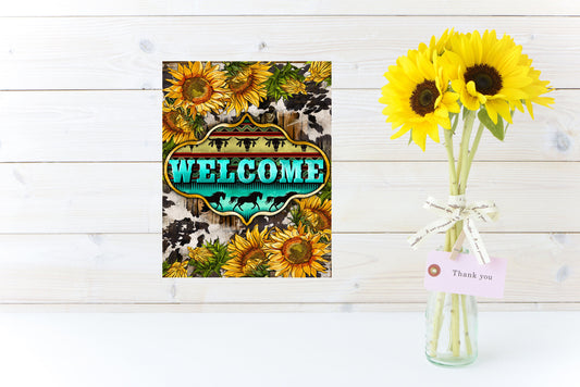 Western Sunflower Welcome  Printed Handmade Wood Sign