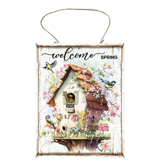 Welcome Spring Floral Birdhouse Farmhouse Decor Printed Handmade Wood Sign