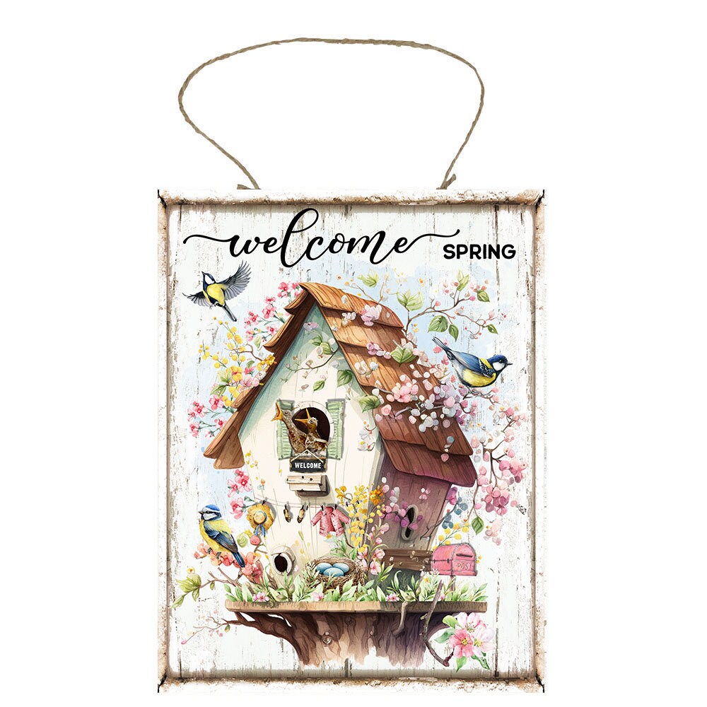 Bienvenido primavera Floral Birdhouse granja decoración impreso hecho a mano cartel de madera