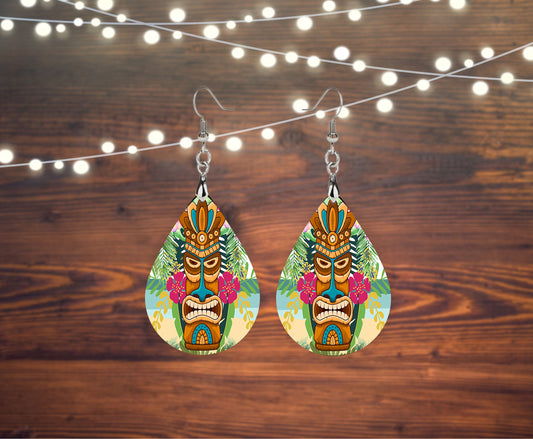 Tiki Man Beach Wood Print Tear Drop Dangle Printed Earrings Jewelry Handmade