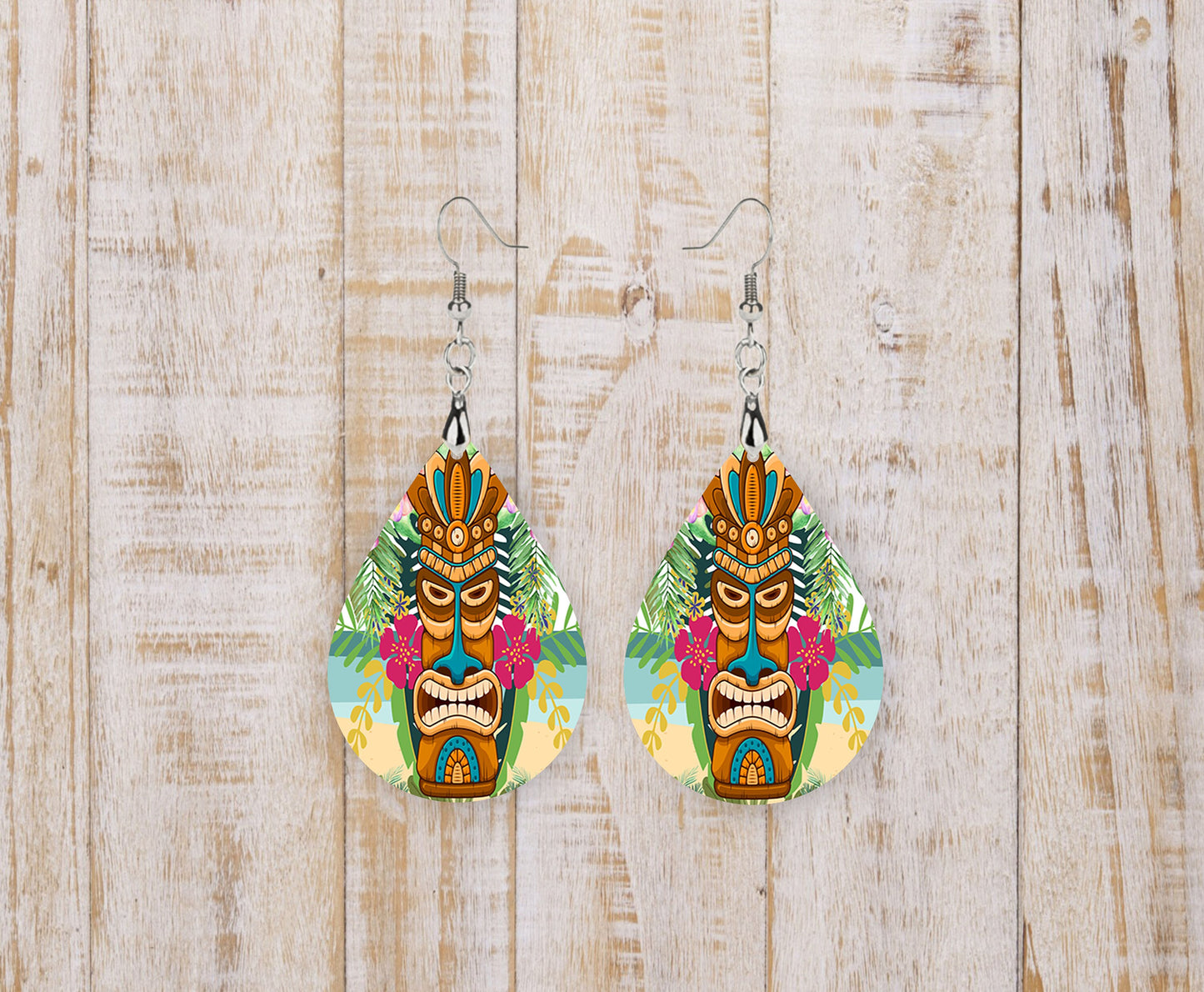 Tiki Man Beach Wood Print Tear Drop Dangle Printed Earrings Jewelry Handmade