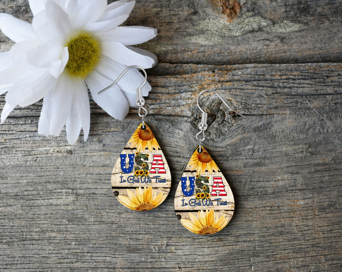 USA In God We Trust Wood Print Tear Drop Dangle Printed Earrings Jewelry Handmade