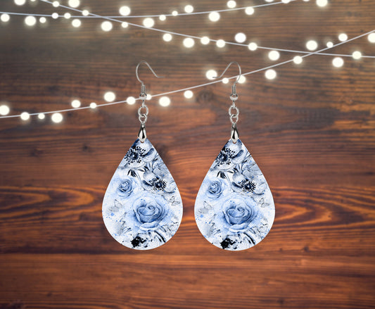 Watercolor Blue Floral Wood Print Tear Drop Dangle Printed Earrings Jewelry Handmade