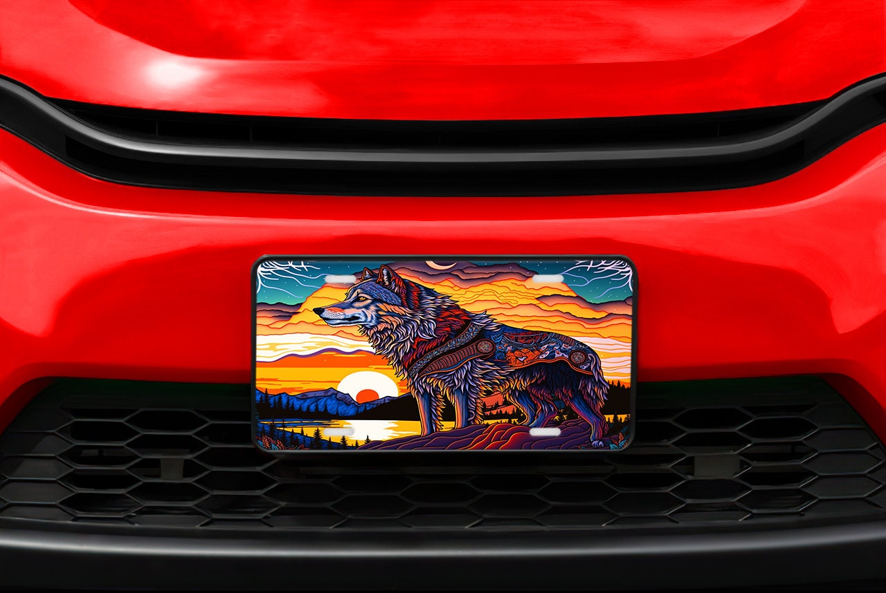 Sunset Wolf Vanity Decorative Front License Plate - Cute Car License Plate Made in the USA - Aluminum Metal Plate - Front Plate for Car