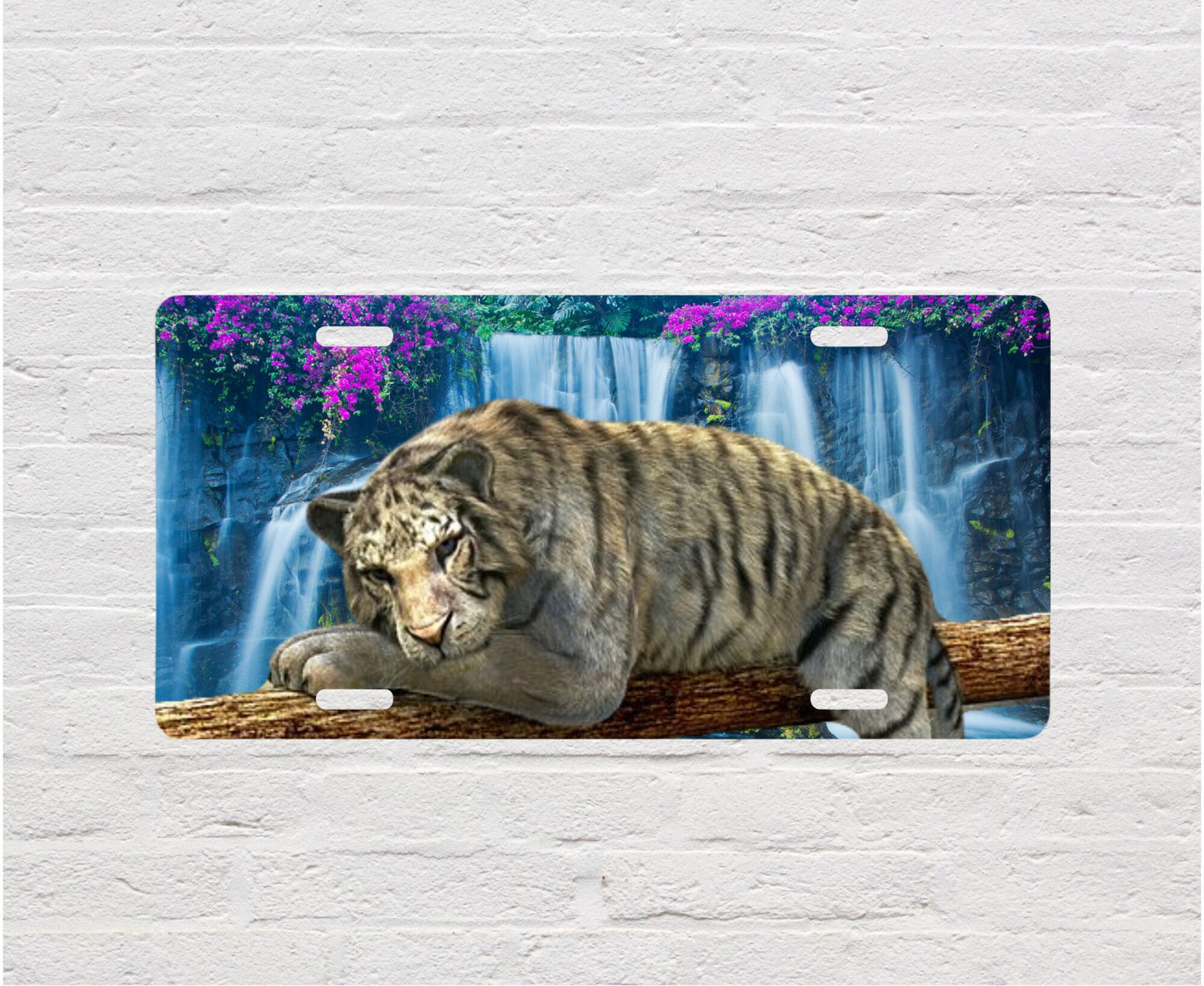 Tiger Waterfall Vanity Decorative Front License Plate - Cute Car License Plate Made in the USA - Aluminum Metal Plate - Front Plate for Car