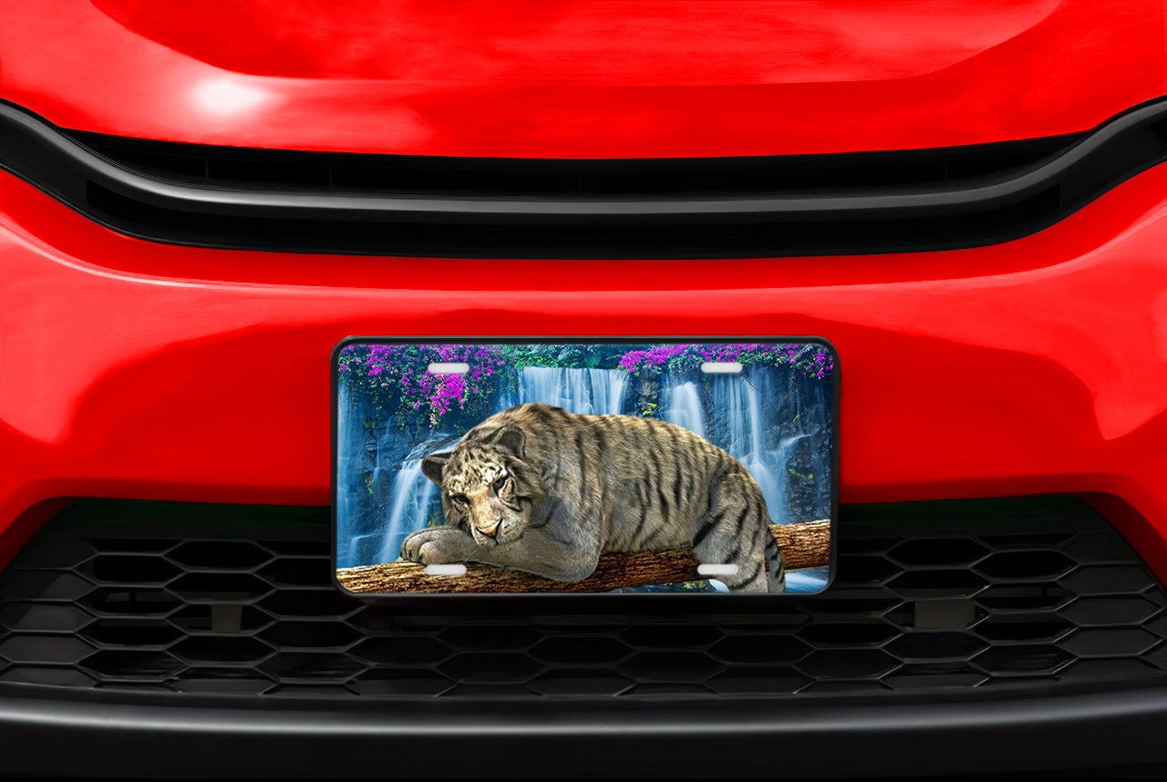 Tiger Waterfall Vanity Decorative Front License Plate - Cute Car License Plate Made in the USA - Aluminum Metal Plate - Front Plate for Car