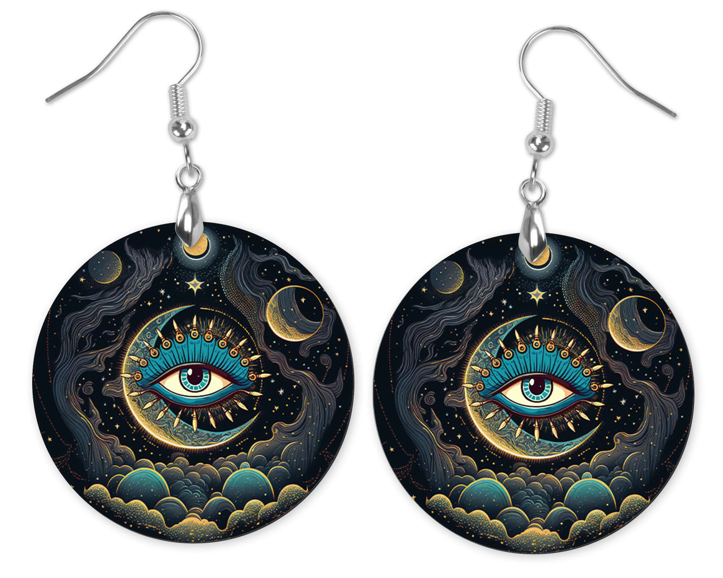 Evil Eye Round Wood Dangle Earrings Hypoallergenic Jewelry