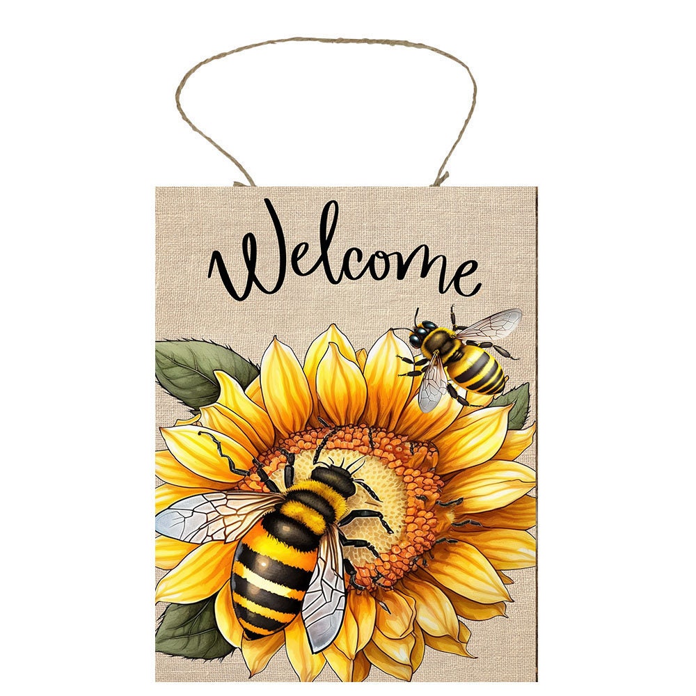 Bienvenido girasol abeja granja decoración impreso hecho a mano madera signo puerta suspensión signo