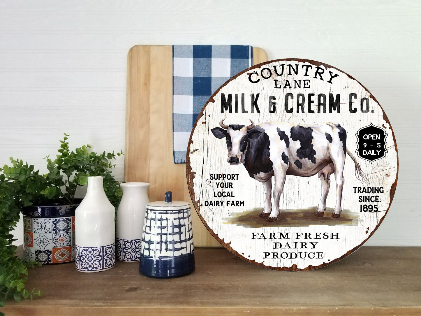 Country Lane Dairy Farm Round Printed Handmade Wood Sign Farmhouse Door Hanger Wreath Sign
