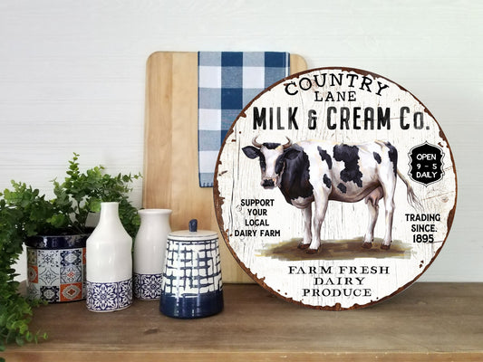 Country Lane Dairy Farm - Letrero de madera hecho a mano con estampado redondo para puerta de granja