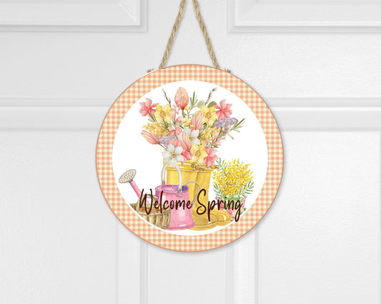 Welcome Spring Rubber Boots Round Printed Handmade Wood Sign Farmhouse Door Hanger Wreath Sign