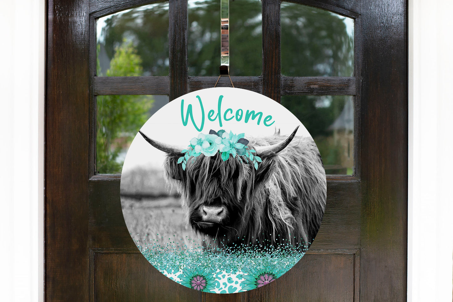 TeaL Highland Cow Welcome Round Printed Handmade Wood Sign Farmhouse Door Hanger Wreath Sign