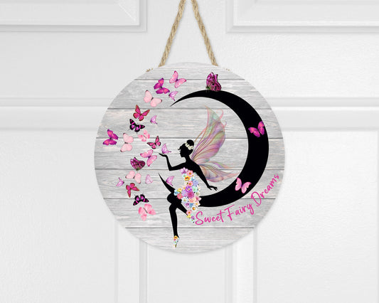 Sweet Fairy Dreams Nursery Round Printed Handmade Wood Sign Farmhouse Door Hanger Wreath Sign