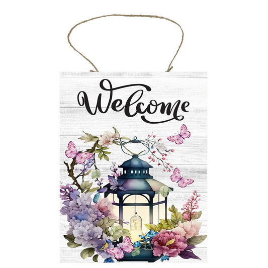 Welcome Floral Lantern Farmhouse Decor Printed Handmade Wood Sign Door Hanger Sign