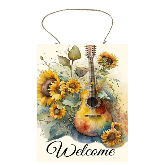 Welcome Guitar Farmhouse Decor Printed Handmade Wood Sign Door Hanger Sign