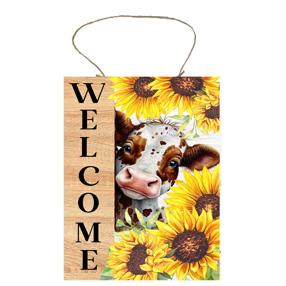Welcome Peeking Cow Sunflowers Farmhouse Decor Printed Handmade Wood Sign Door Hanger Sign