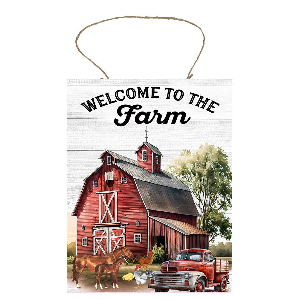 Welcome to the Farm Red Barn Farmhouse Decor Printed Handmade Wood Sign Door Hanger Sign