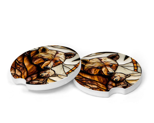 Set of 2 Stain Glass Bear Sandstone Car Coasters