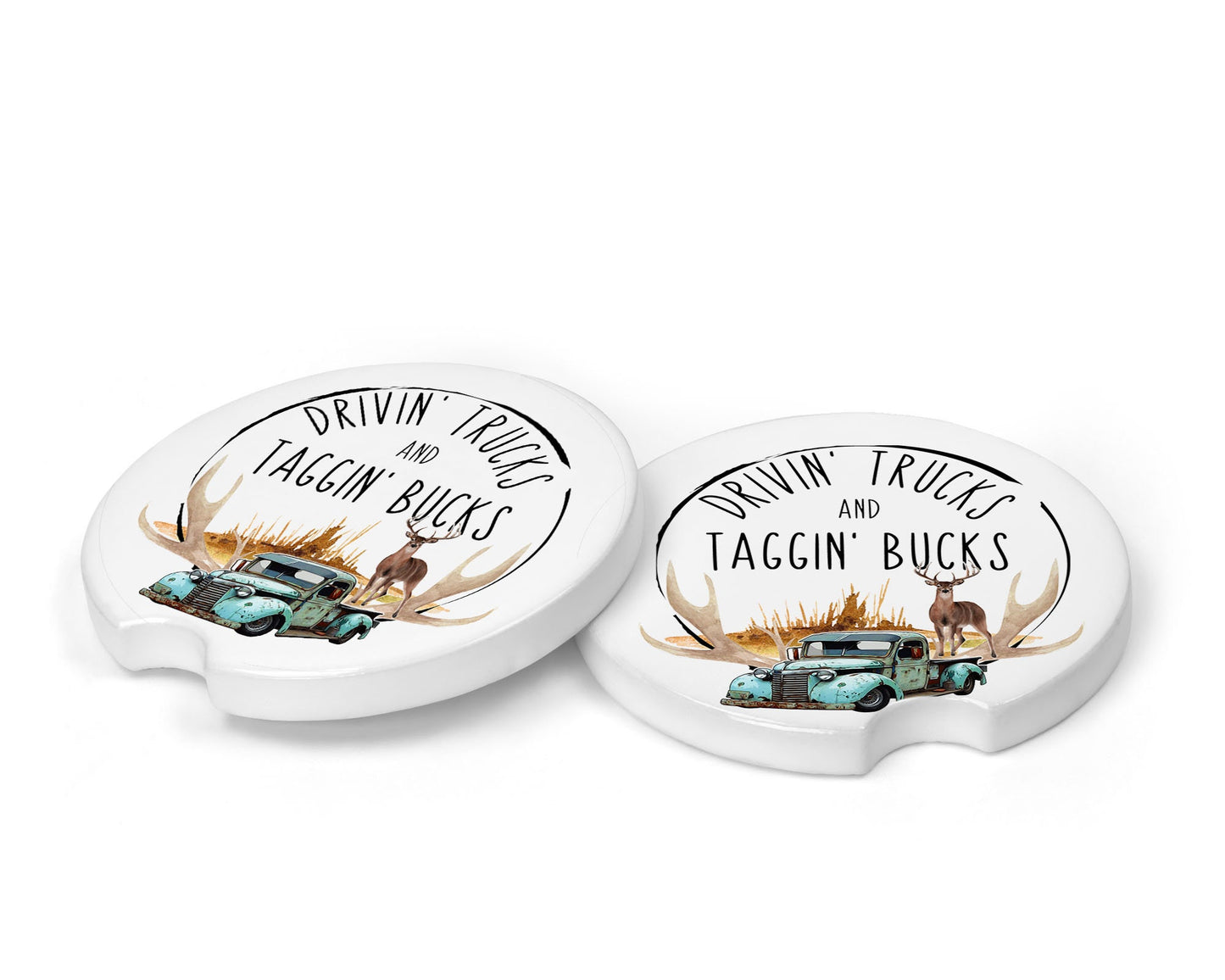 Set of 2 Drivin' Trucks and Taggin' Bucks  Sandstone Car Coasters