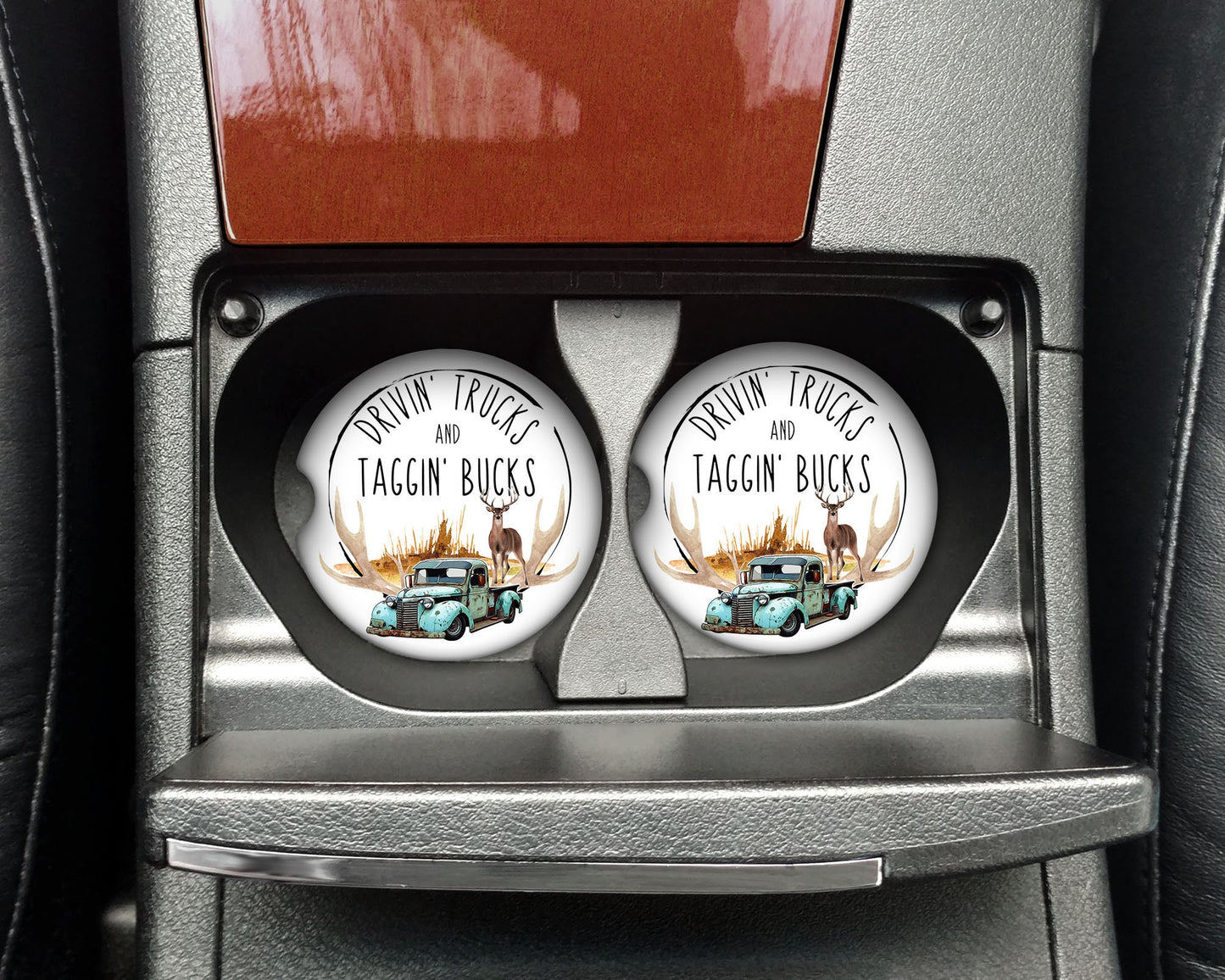 Set of 2 Drivin' Trucks and Taggin' Bucks  Sandstone Car Coasters