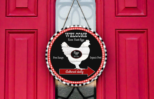 Farm Fresh Eggs Red and Black Round Printed Handmade Wood Sign Farmhouse Door Hanger Wreath Sign