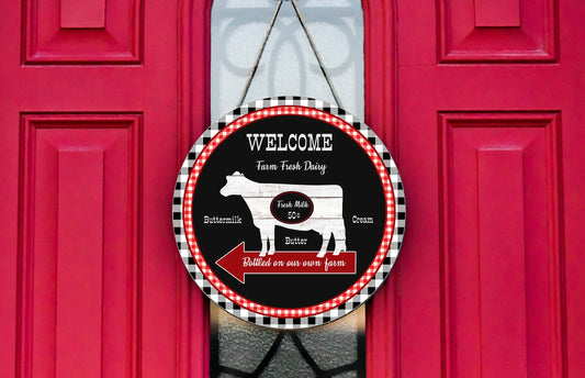 Farm Fresh Dairy Red and Black Round Printed Handmade Wood Sign Farmhouse Door Hanger Wreath Sign