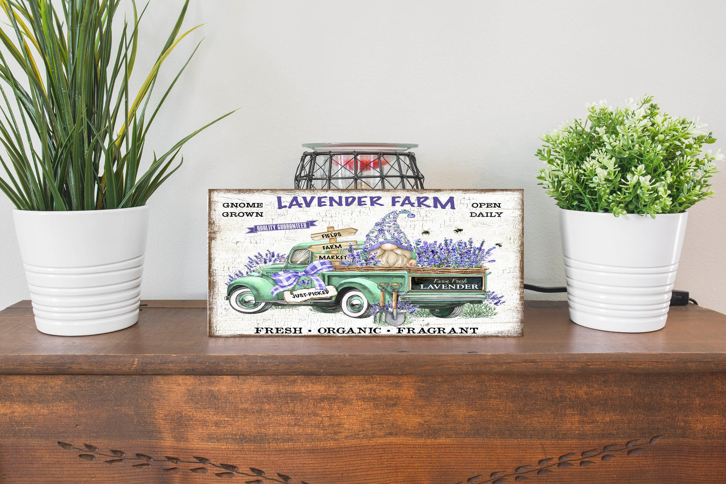 Lavender Farm Gnome Truck Printed Handmade Wood Sign Door Hanger Decorative Wall Decor Farmhouse Docor