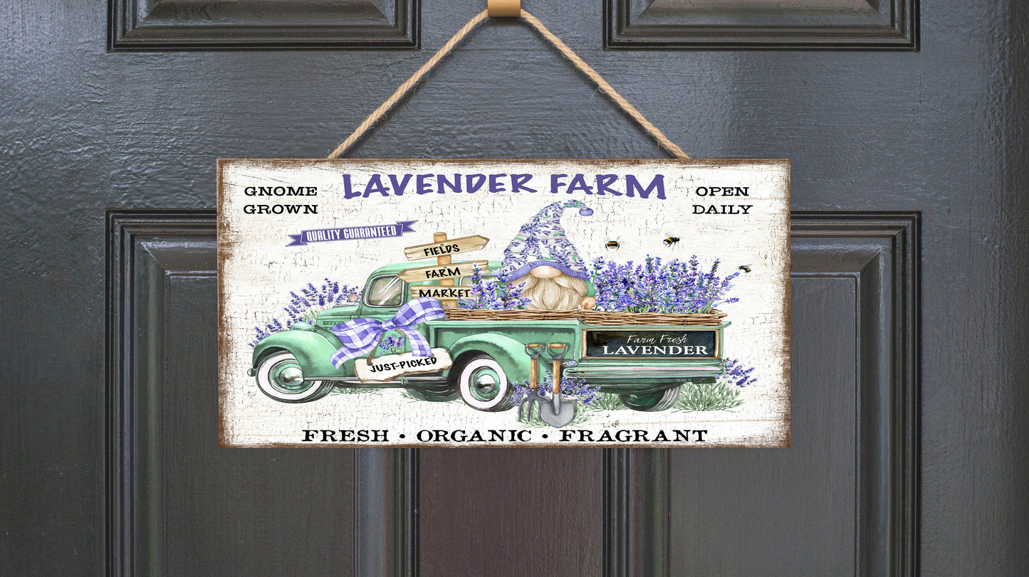 Lavender Farm Gnome Truck Printed Handmade Wood Sign Door Hanger Decorative Wall Decor Farmhouse Docor