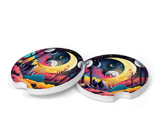 Set of 2 Celestial Forest Moon Sandstone Car Coasters