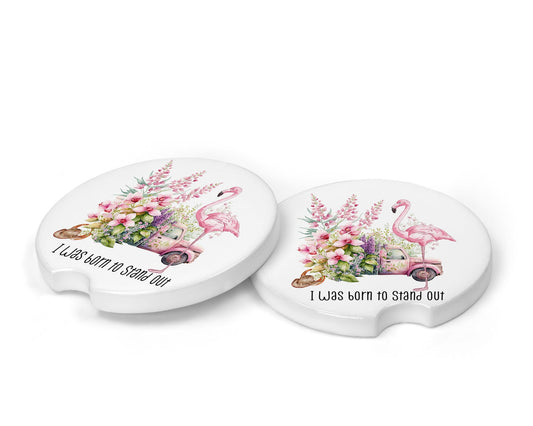 Set of 2 Pink Flamingo Born to Stand Out Sandstone Car Coasters