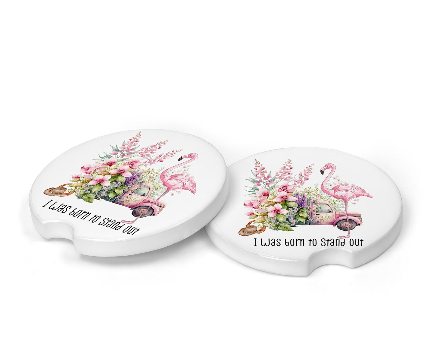 Set of 2 Pink Flamingo Born to Stand Out Sandstone Car Coasters