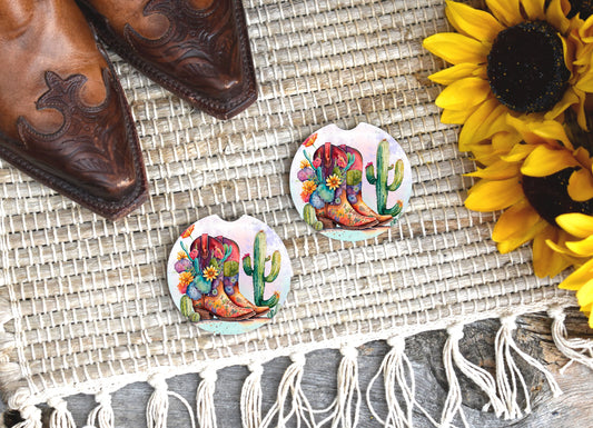 Set of 2 Cowboy Boots and Cactus Sandstone Car Coasters