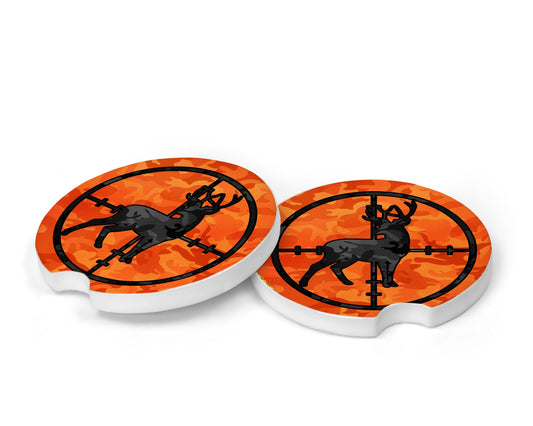 Set of 2 Orange Camo Deer Bullseye  Sandstone Car Coasters