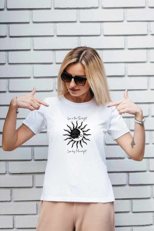 Live in Sunlight, Tshirt, Love by Moonlight, Celestial Sun and Moon, Graphic T's  100% Cotton Black White or Gray