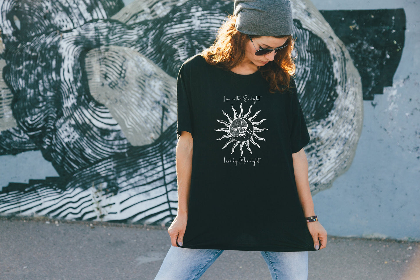 Live in Sunlight, Tshirt, Love by Moonlight, Celestial Sun and Moon, Graphic T's  100% Cotton Black White or Gray