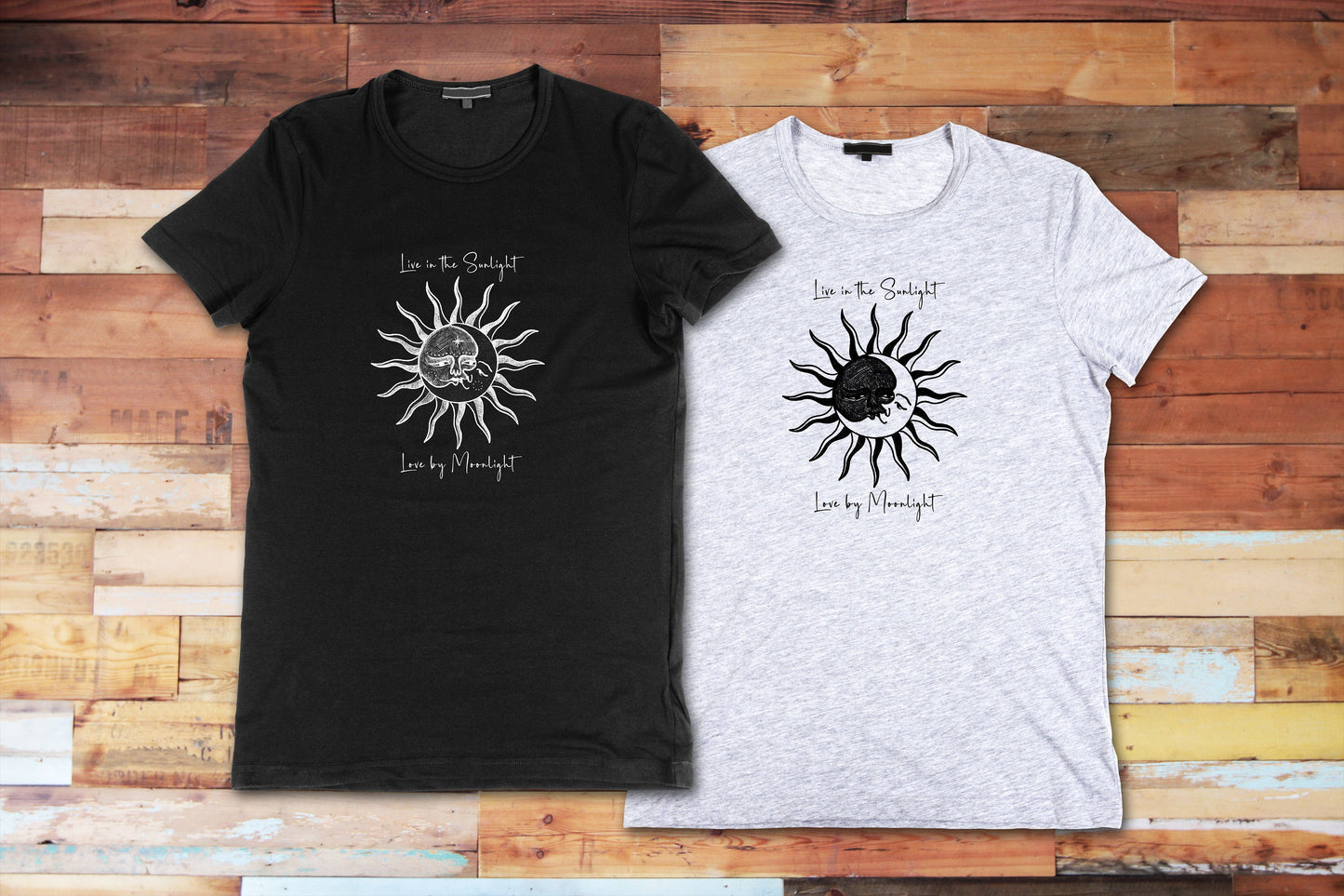 Live in Sunlight, Tshirt, Love by Moonlight, Celestial Sun and Moon, Graphic T's  100% Cotton Black White or Gray