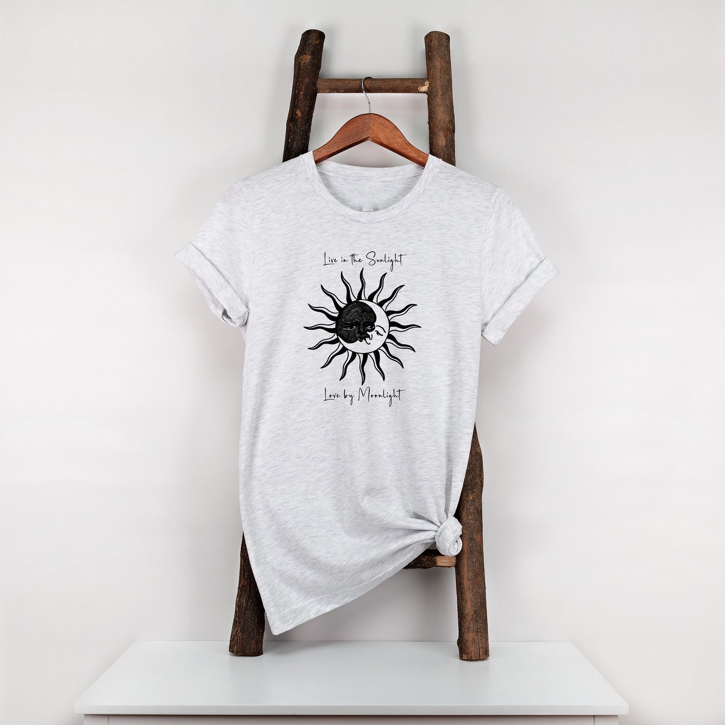 Live in Sunlight, Tshirt, Love by Moonlight, Celestial Sun and Moon, Graphic T's  100% Cotton Black White or Gray