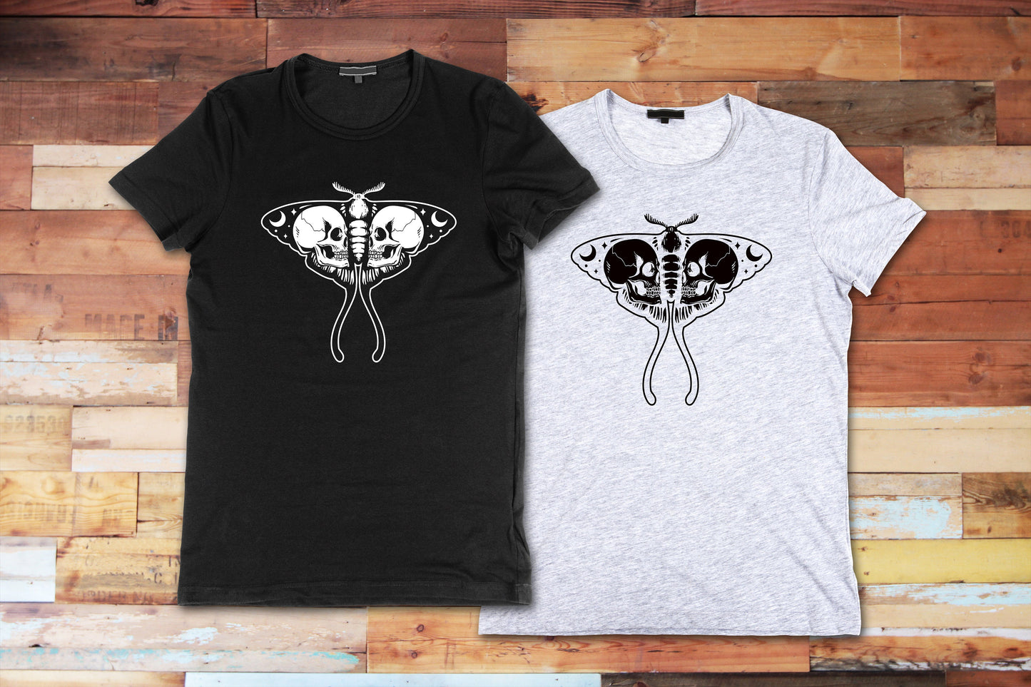Moth Skull, Tshirt, Celestial Boho, Graphic T's  100% Cotton Black White or Gray