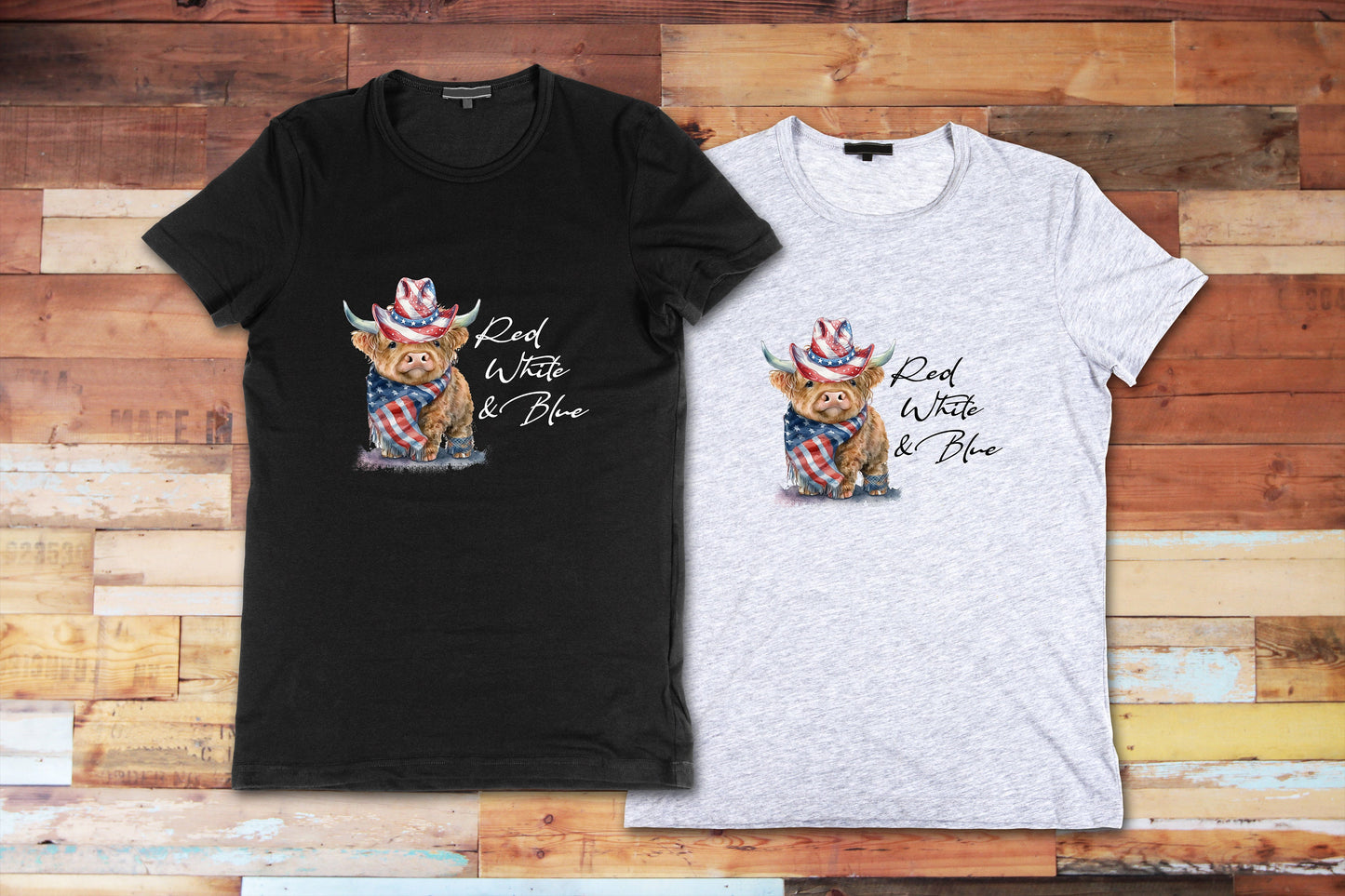 Red White and Blue Highland Cow Tshirt, T Shirt, Patriotic, American Flag Tshirt, Graphic T's  100% Cotton Black White or Gray, Tee