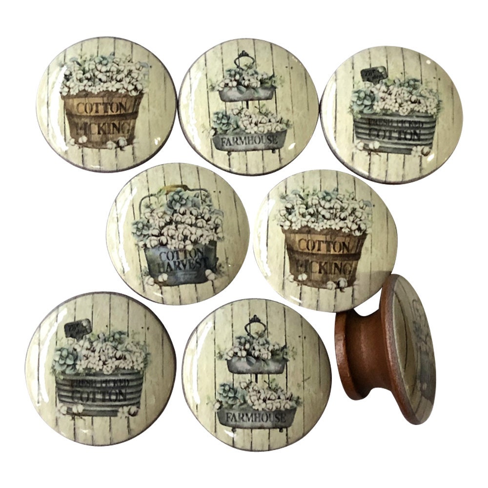 Set of 8 Cotton Pickin' Farm Print Wood Cabinet Knobs, Kitchen Knobs, Draw Knobs, Farmhouse Style